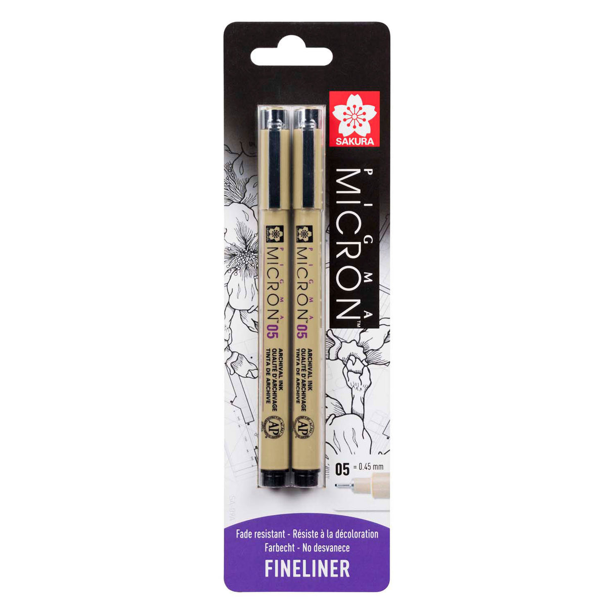 Sakura carte blister pigma micron 05 0,45 mm noir, 2 pièces