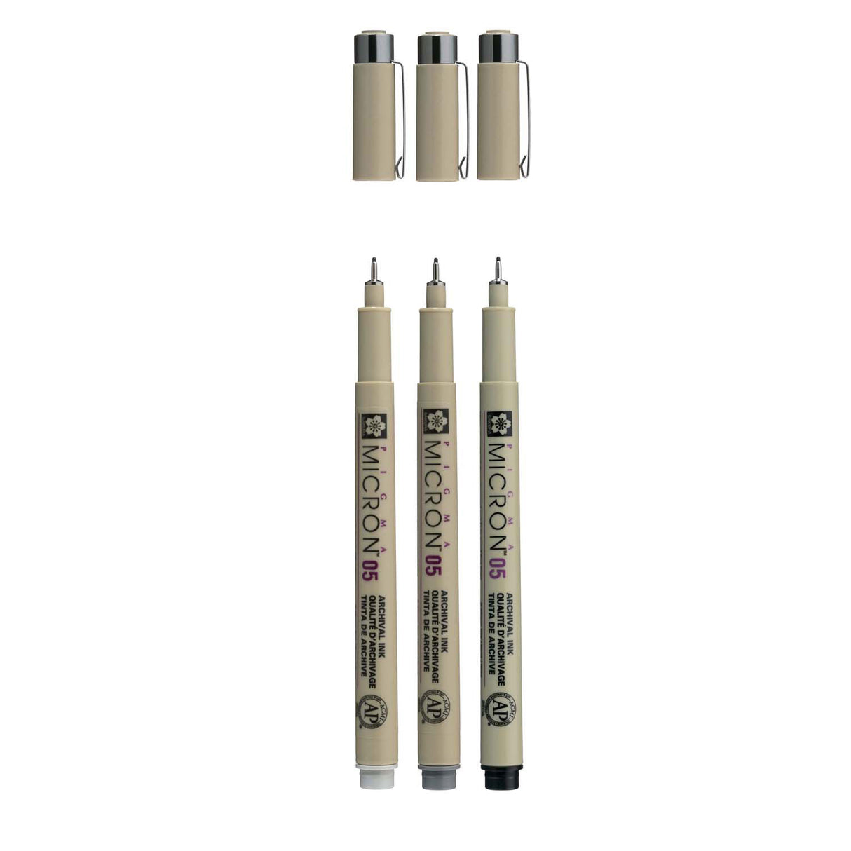 Sakura pigma micron 05 set de feutres fins, 3 stylos, noir-gris