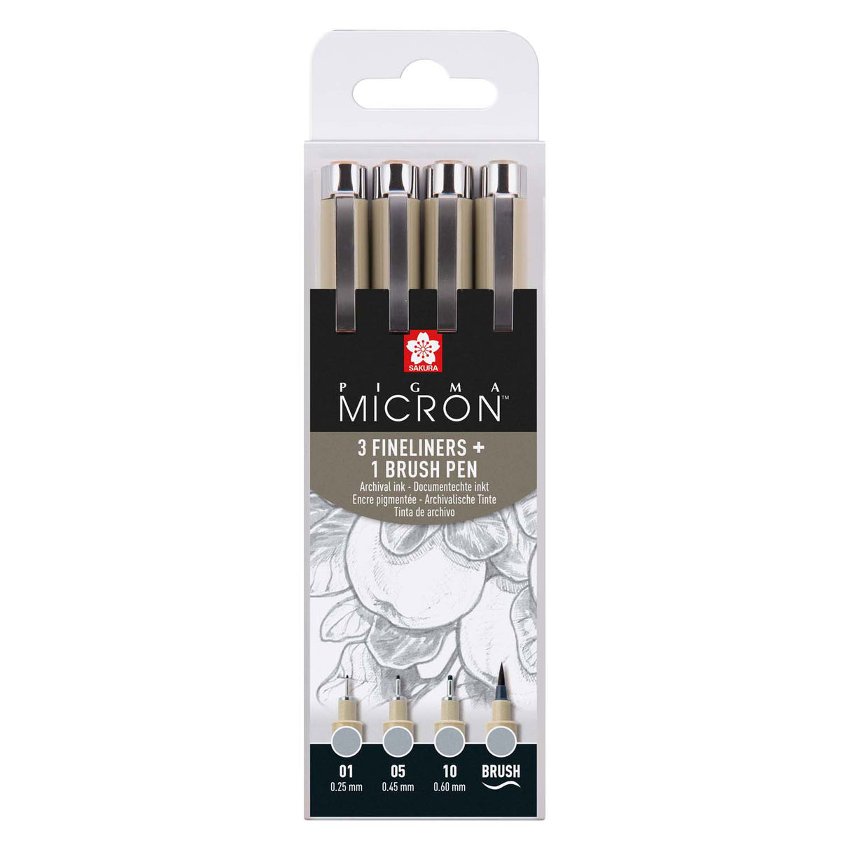 Sakura pigma micron set de feutres fins, 4 tailles, gris clair froid