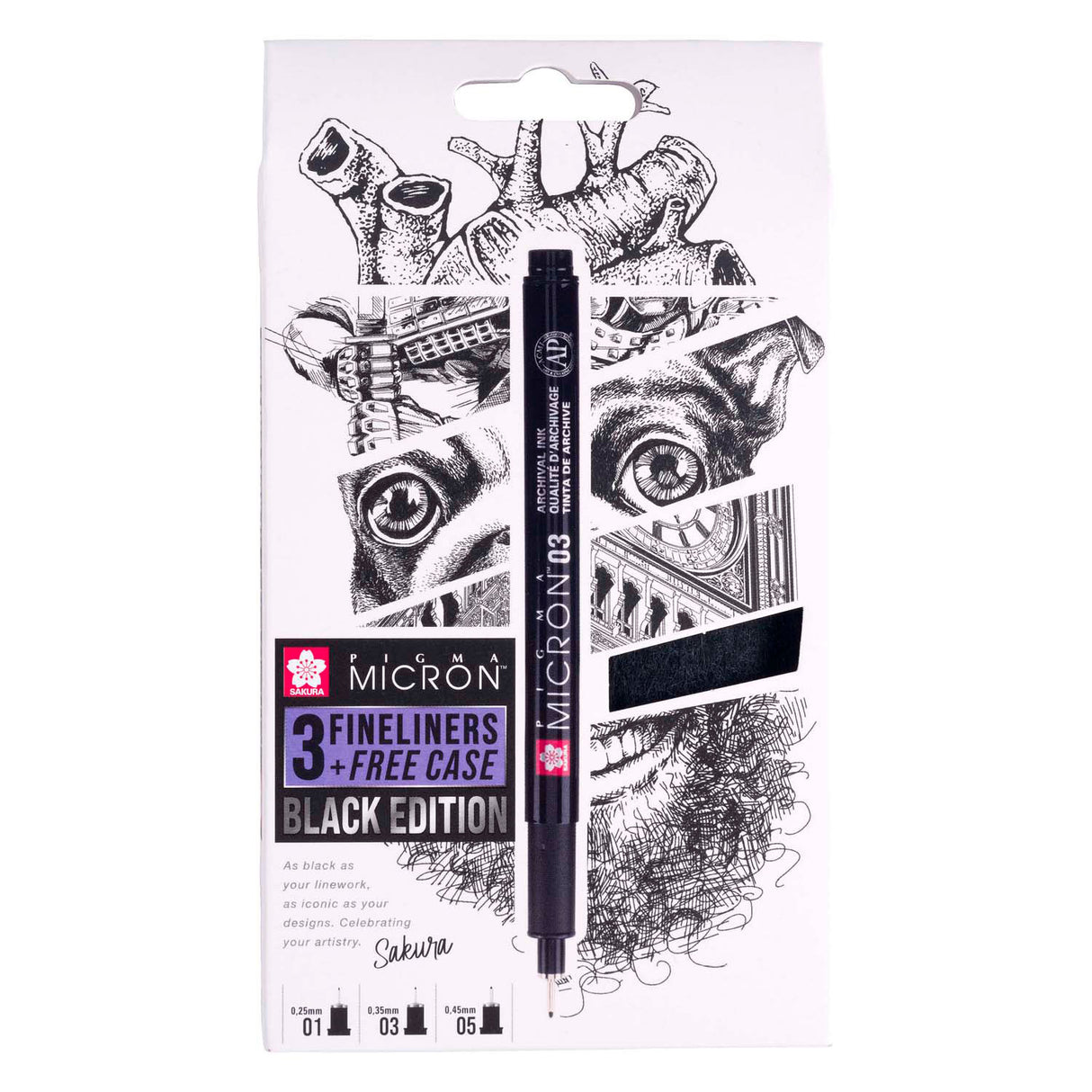 Sakura pigma micron black edition, ensemble et étui gratuit, 3 pièces
