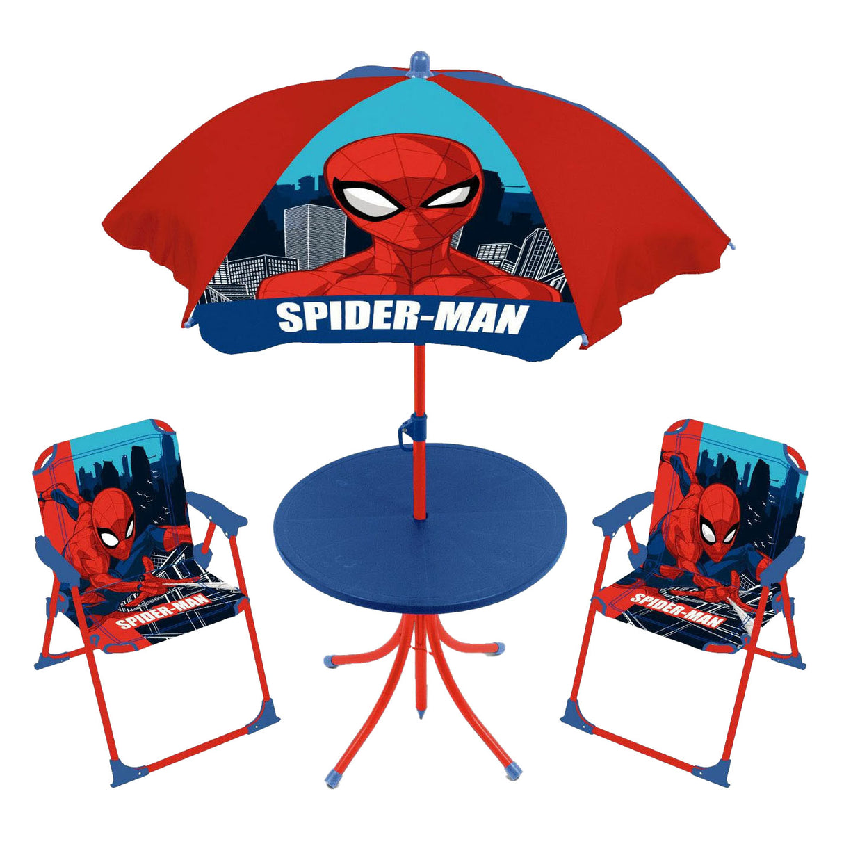 Ensemble de jardin pour enfants Marvel Lobes Spiderman avec table, chaises et parasol.