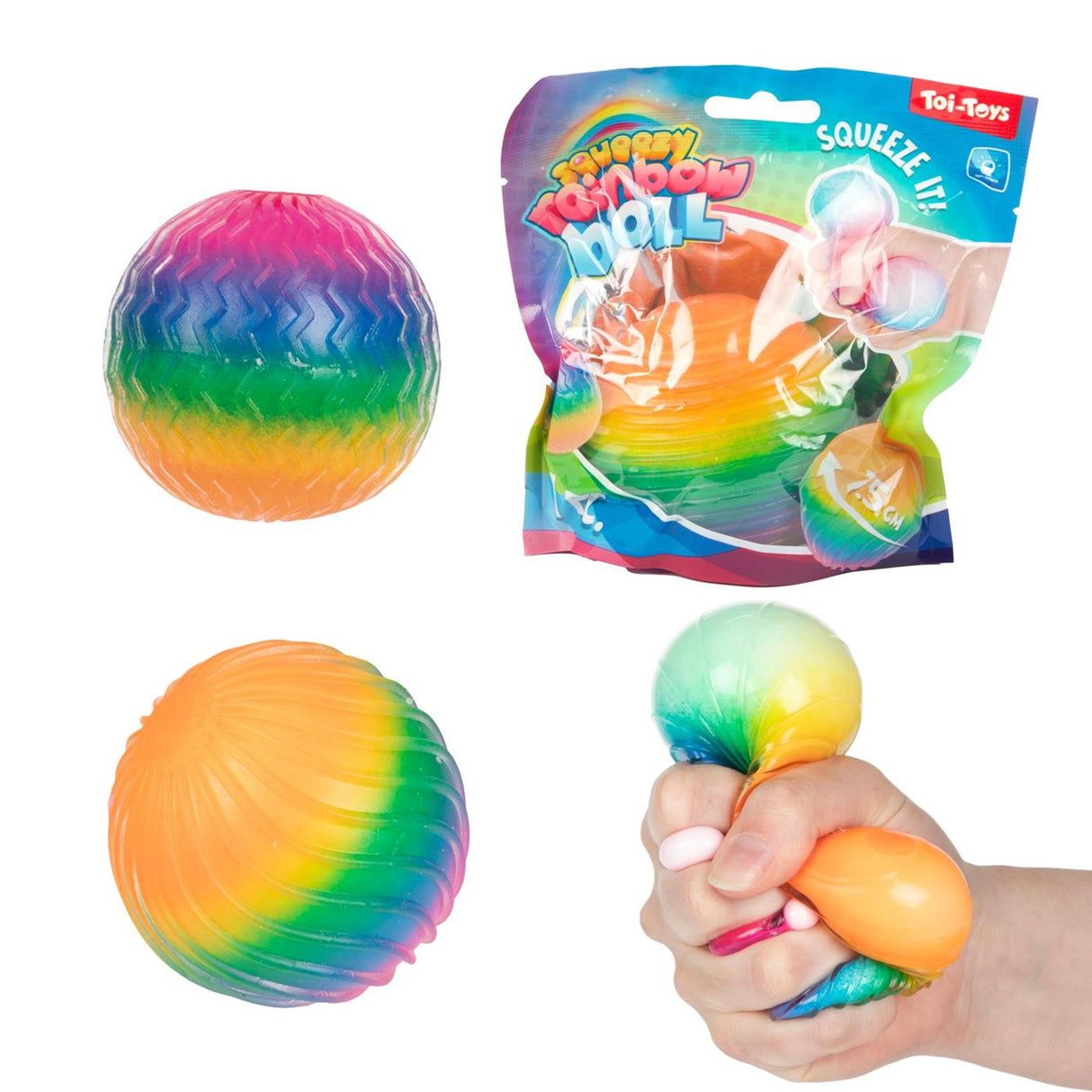 Toi-toys balle à presser texturée amusante en mousse nervurée arc-en-ciel, 7 cm