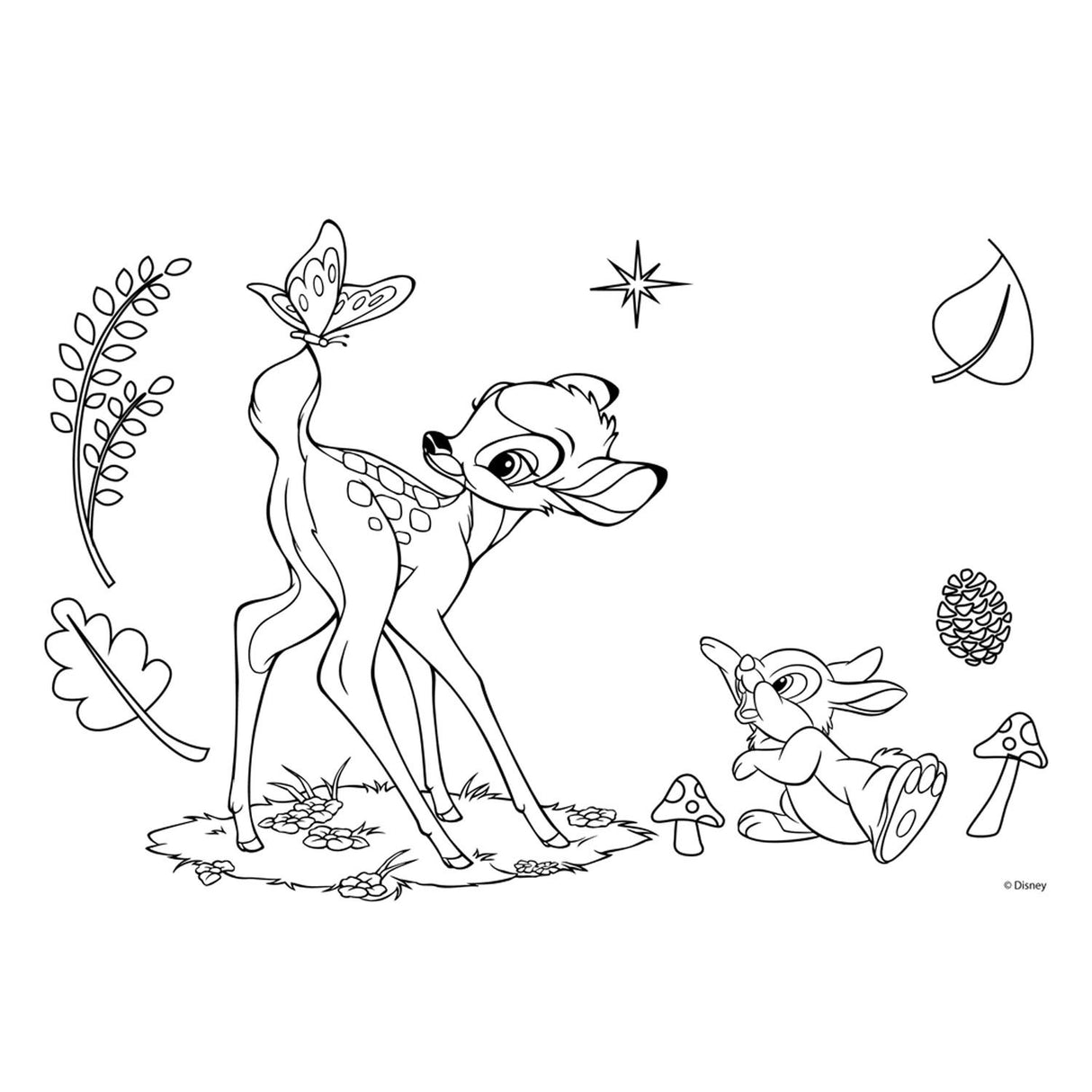 Coloriages Disney Bambi avec pochoir et feuille d'autocollants