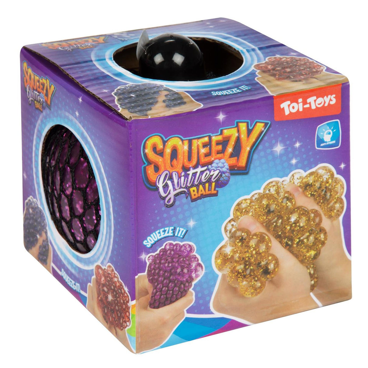 Toi-toys balle à presser amusante à paillettes dans un filet, 10 cm