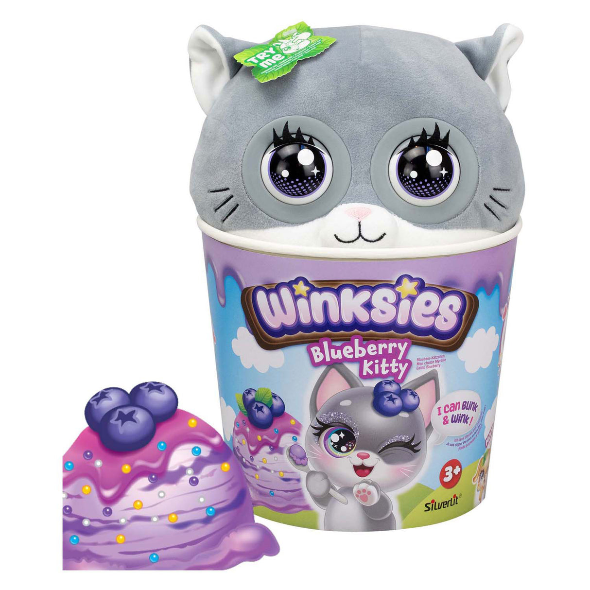 Chaton aux myrtilles Silverlit Winksies - peluche interactive dans une tasse de glace