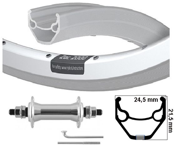 Kgs Roue avant 26x1,75 (559) zac 2000 argent avec bord de frein axe fixe