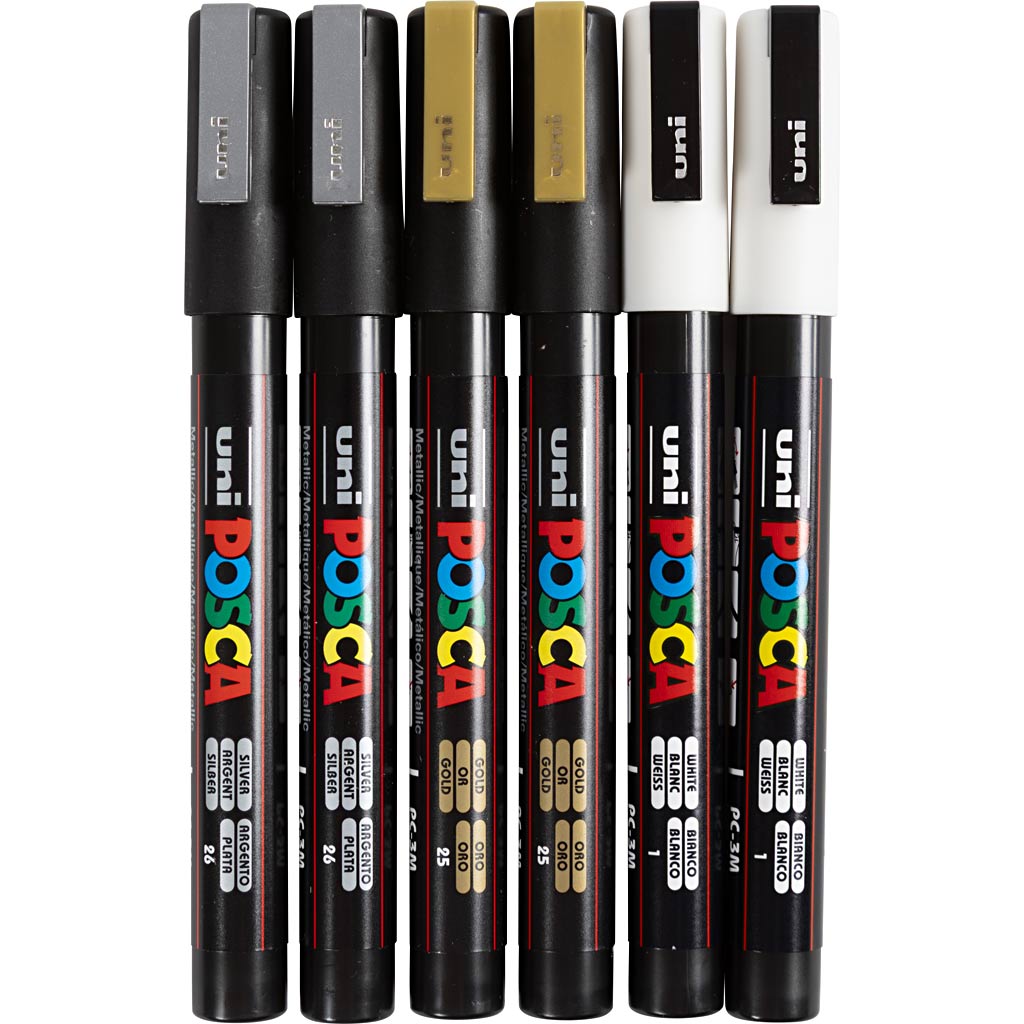 Marqueur Uni-posca posca, taille pc-3m, largeur de trait 0,9-1,3 mm, fin, or, argent, blanc, 6 div 1 boîte