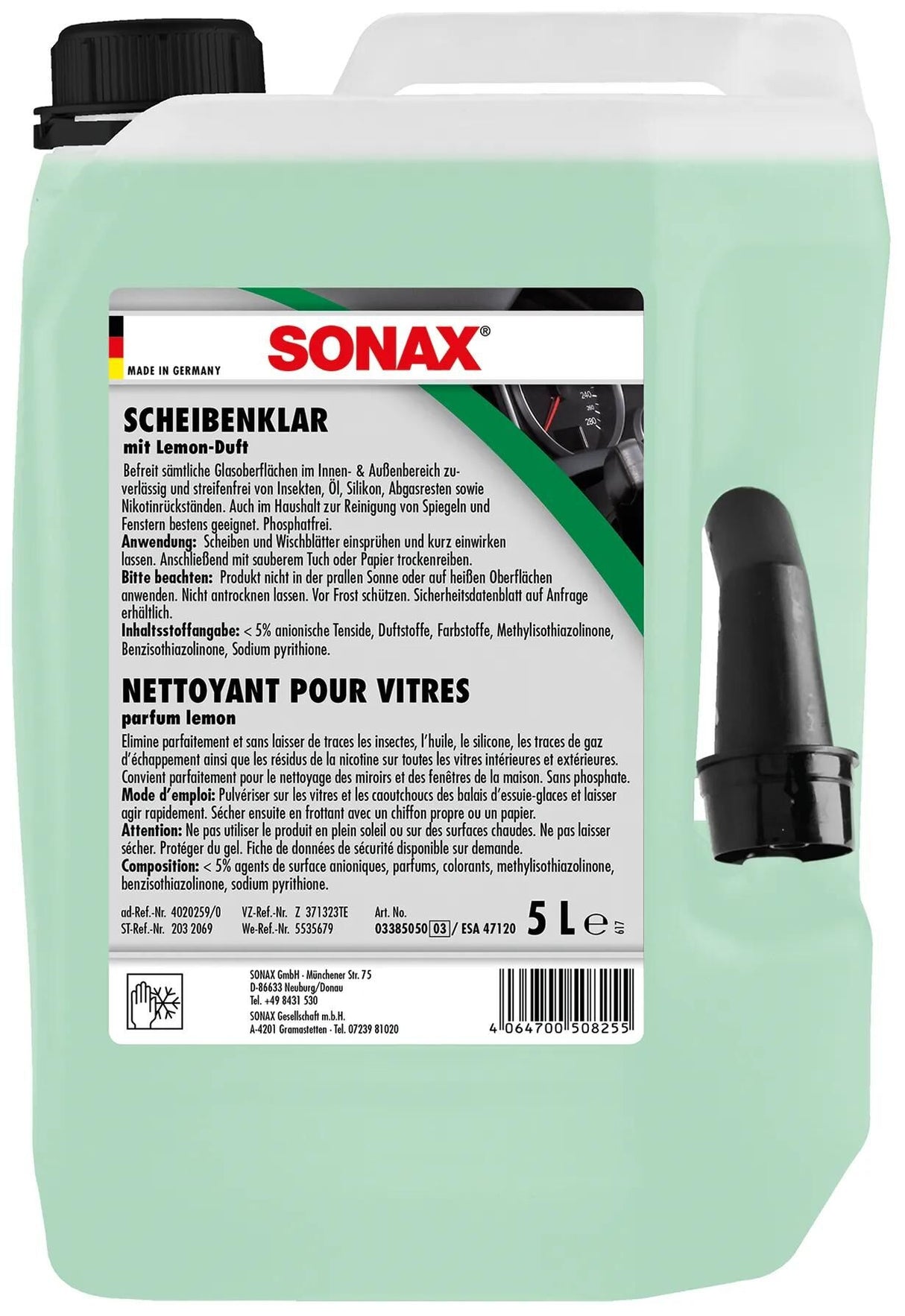 Sonax nettoyant chimique chimique vitre de voiture clair 5 litres. bidon en plastique