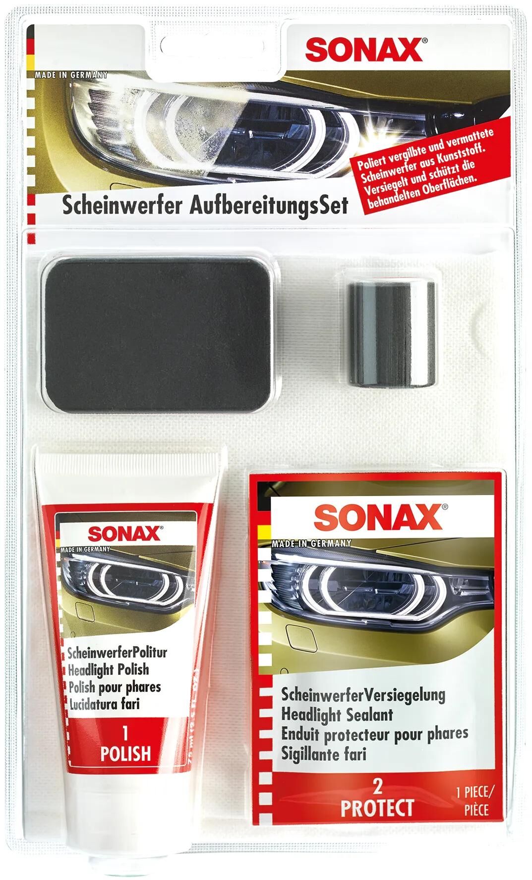 Kit de traitement des phares Sonax, reconditionnement des phares.