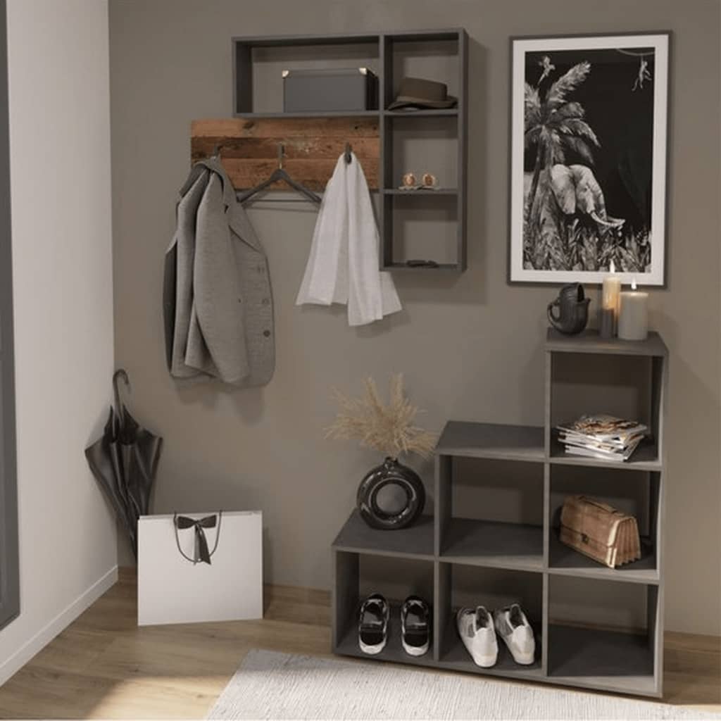 Rack de manteau mural FMD avec 4 compartiments ouverts d'anthracite et de brun foncé