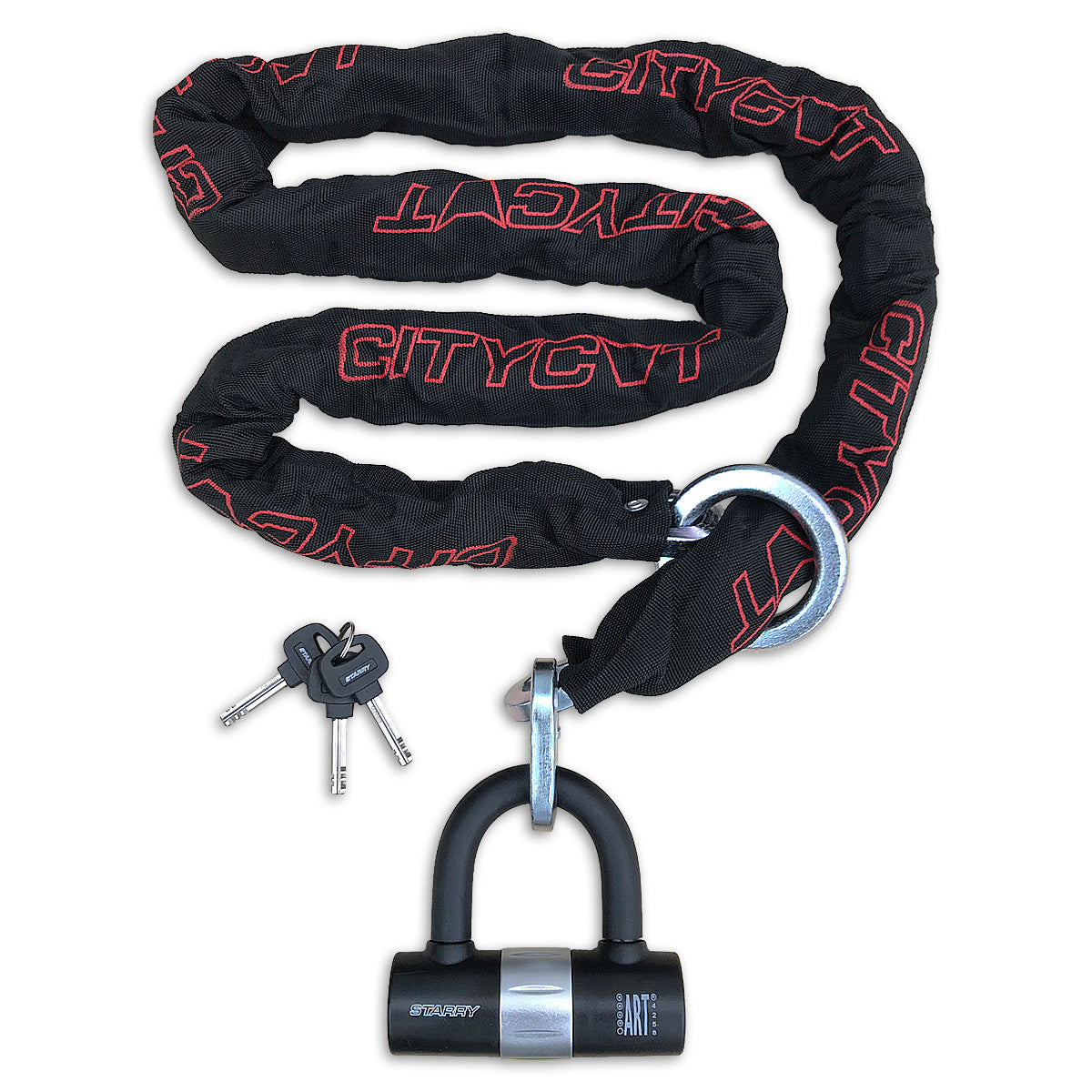 Chaîne antivol étoilée citycat art**** 180cm x10.5mm. avec barillet et mini antivol en U
