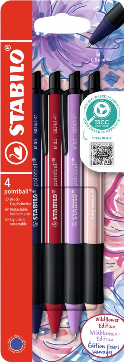 Stabilo pointball - stylo à bille - naturecolors wildflower - rechargeable - étui de 4 couleurs