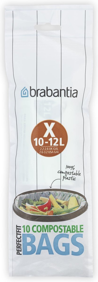 Sacs poubelle Brabantia perfectfit - 100% compostables - biodégradables - 10 12 l - code x - 10 pièces