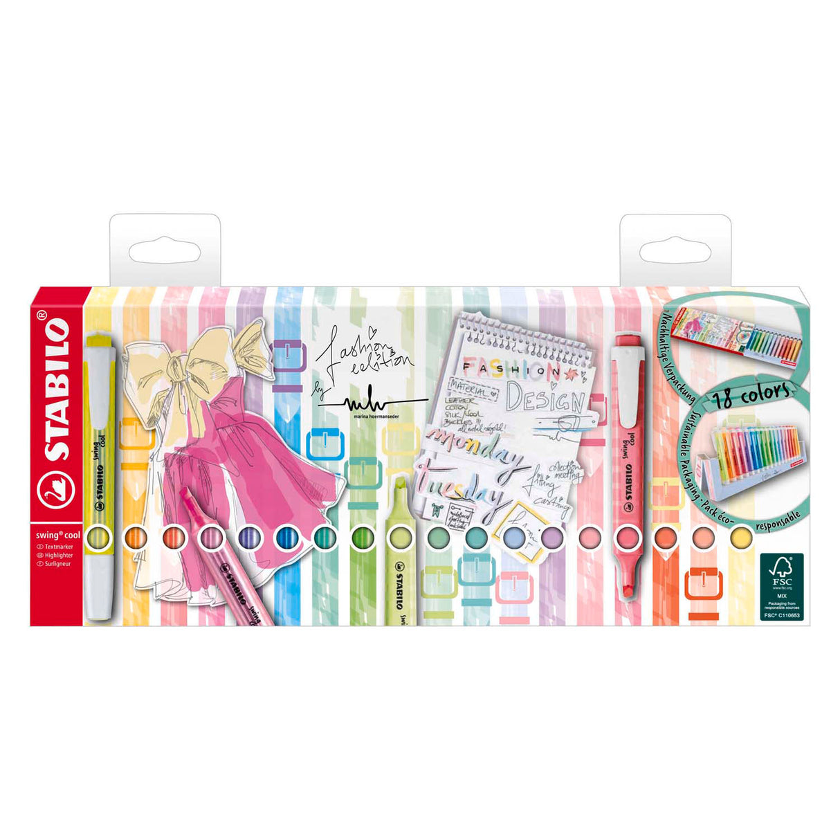 Stabilo swing cool - surligneur - parfait pour les déplacements - pastel standard - set de bureau avec 18 couleurs