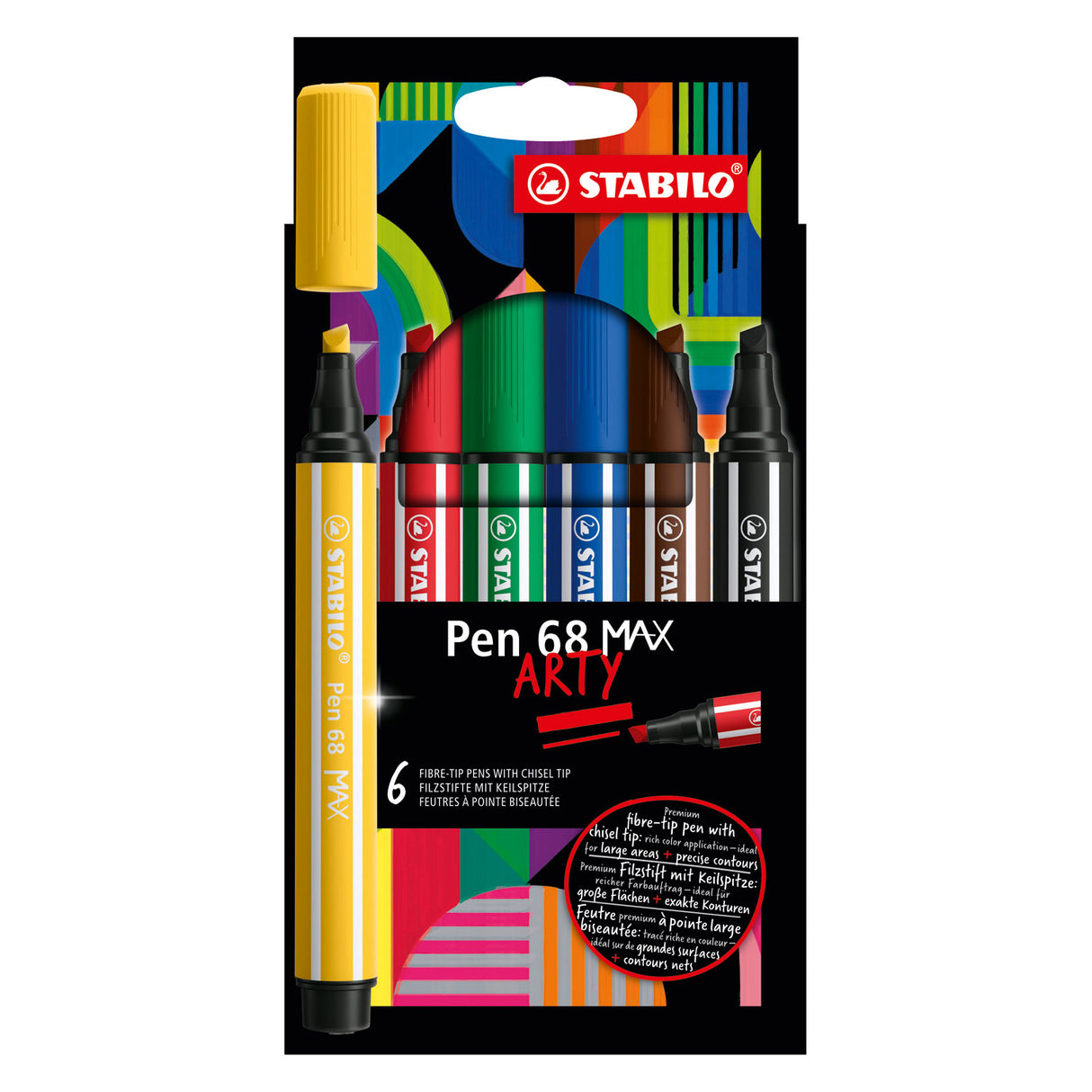 Stabilo pen 68 max arty - feutre à pointe biseautée épaisse - lot de 6 pièces