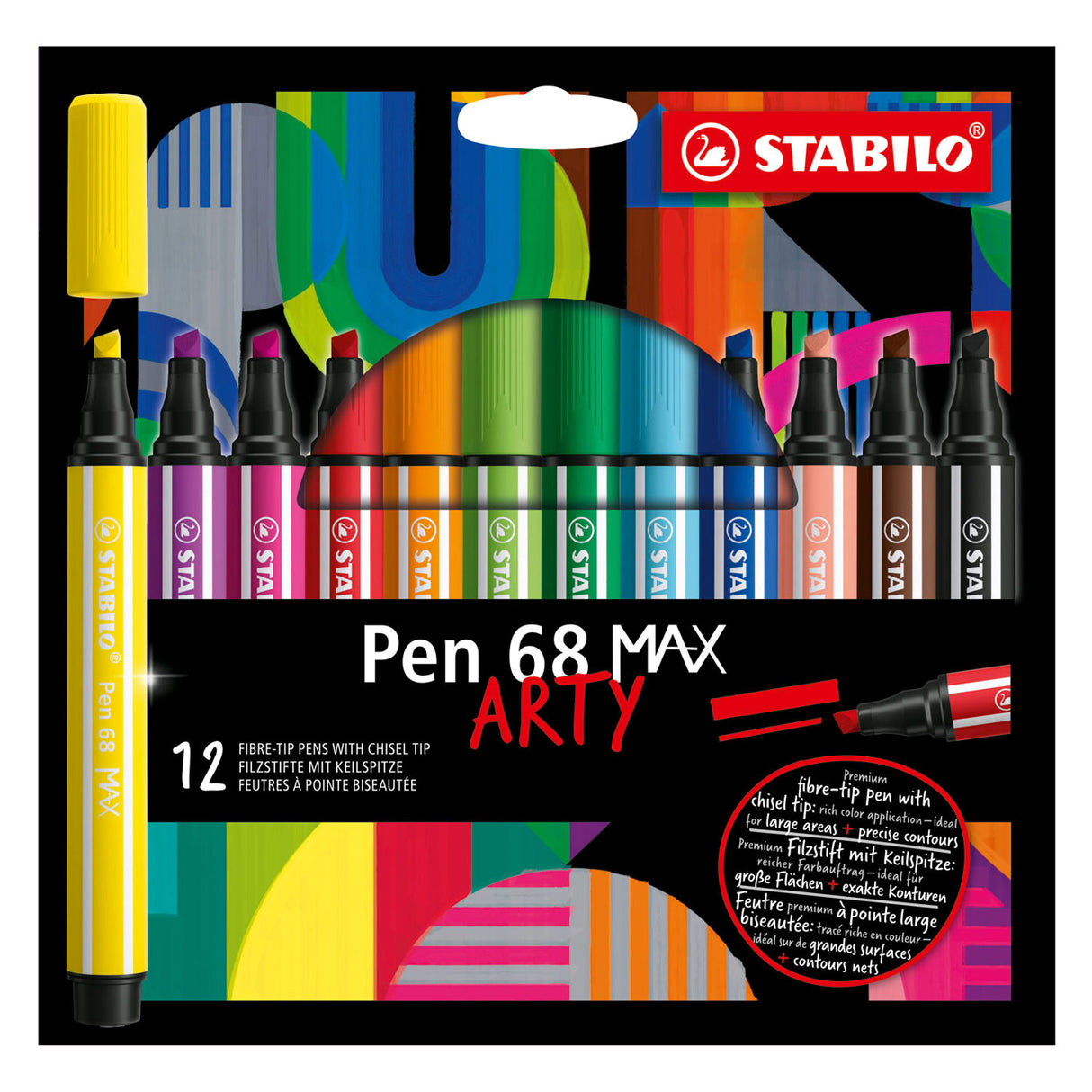 Stabilo pen 68 max arty - feutre à pointe biseautée épaisse - lot de 12 pièces