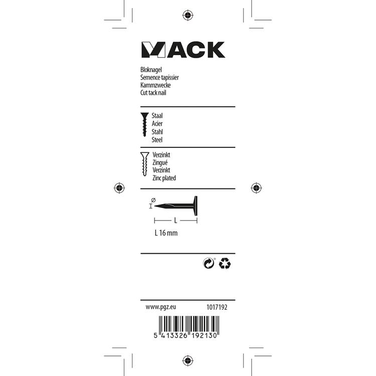 Mack 1017192 - bloknagel staal verzinkt 50 gr16 mm | 10 stuks
