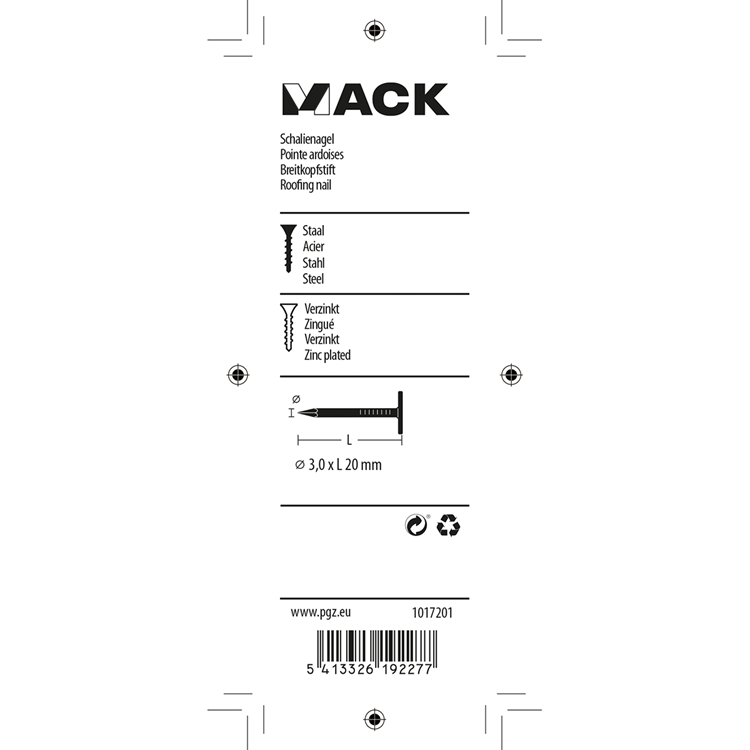 Mack 1017201 - schalienagel staal verzinkt 100 gr 3,0 x 20 mm | 5 stuks