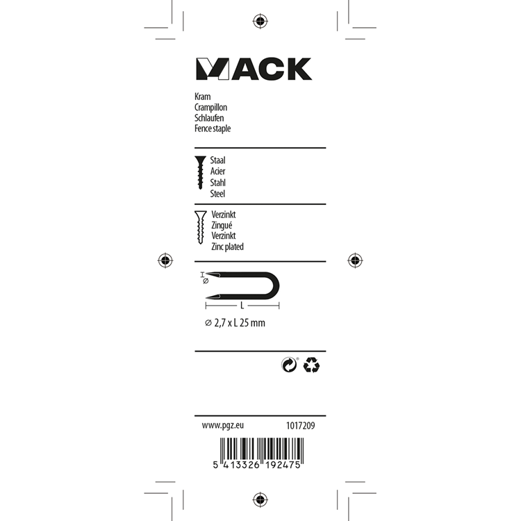 Mack 1017209 - kram staal verzinkt 90 gr 2,7 x 25 mm | 5 stuks