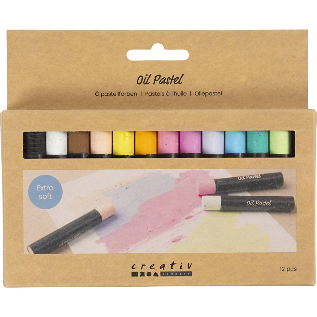 Pastels à l'huile Creativ company, l: 7 cm, épaisseur 11 mm, couleurs pastel, 12 pièces 1 boîte