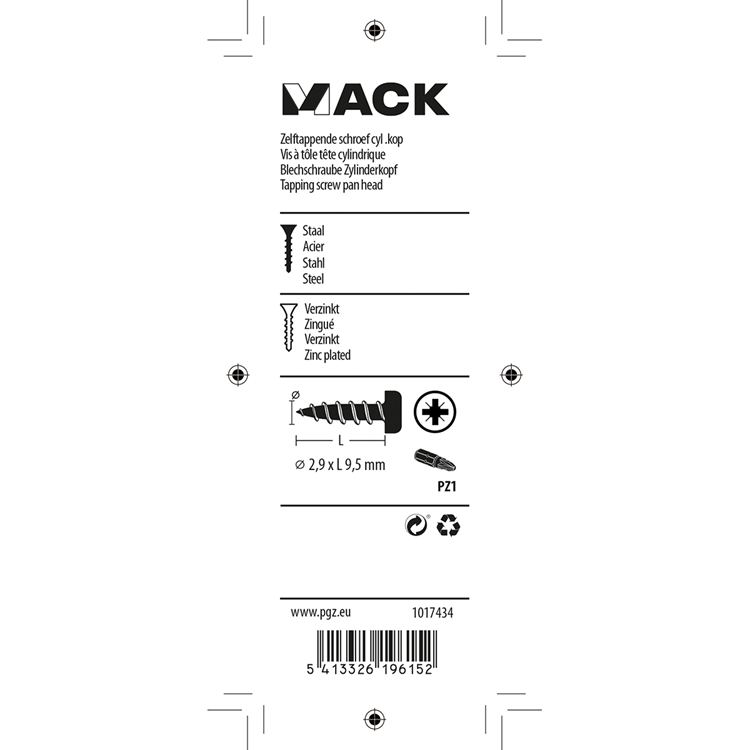 Mack 1017434 - zelftappende schroef cyl kop verz. 40st 2,9 x 9,5 mm | 10 stuks