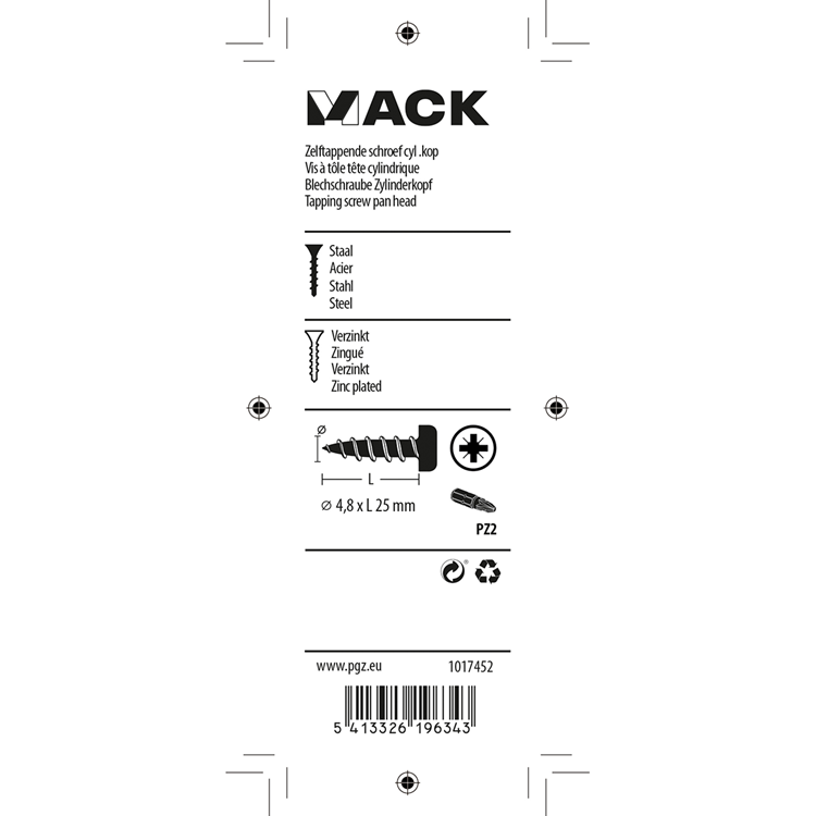 Mack 1017452 - zelftappende schroef cyl kop verz. 12st 4,8 x 25 mm | 10 stuks