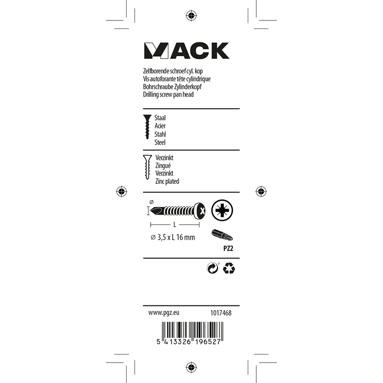 Mack 1017468 - zelfborende schroef cyl. kop verz. 35st 3,5 x 16 mm | 10 stuks