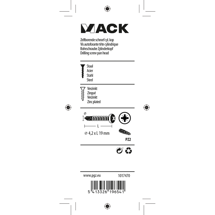 Mack 1017470 - zelfborende schroef cyl. kop verz. 26st 4,2 x 19 mm | 10 stuks