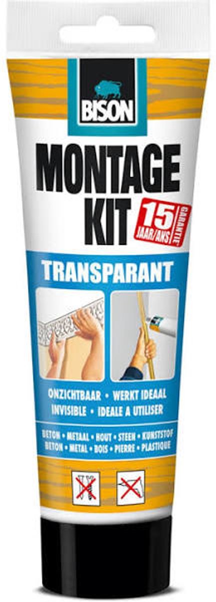 Kit de montage Bison tube transparent 250 g, colle de montage, haute résistance finale, intérieur et extérieur, élastique permanent, extra résistant, facile à utiliser