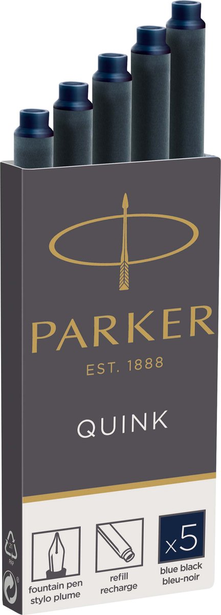 Cartouches d'encre longues pour stylo plume Parker - encre Quink bleu-noir - 5 pièces