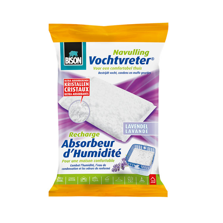 Bison Moisture Absorber® Sachet de recharge lavande 450 g, parfum lavande, convient pour Moisture Absorber®, lutte contre l'humidité élevée, aucune pile nécessaire, convient également aux caravanes et camping-cars
