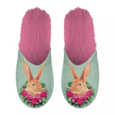 Babouche lapin vert rose