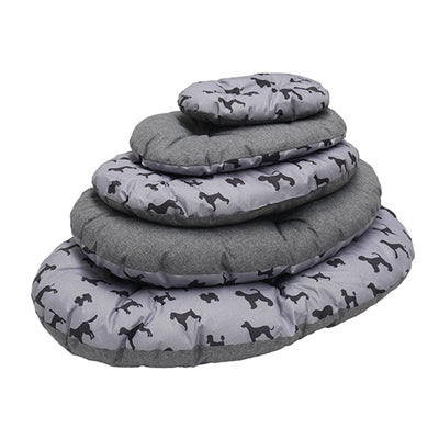Coussin pour chien en palissandre toutes saisons ovale imprimé chien gris