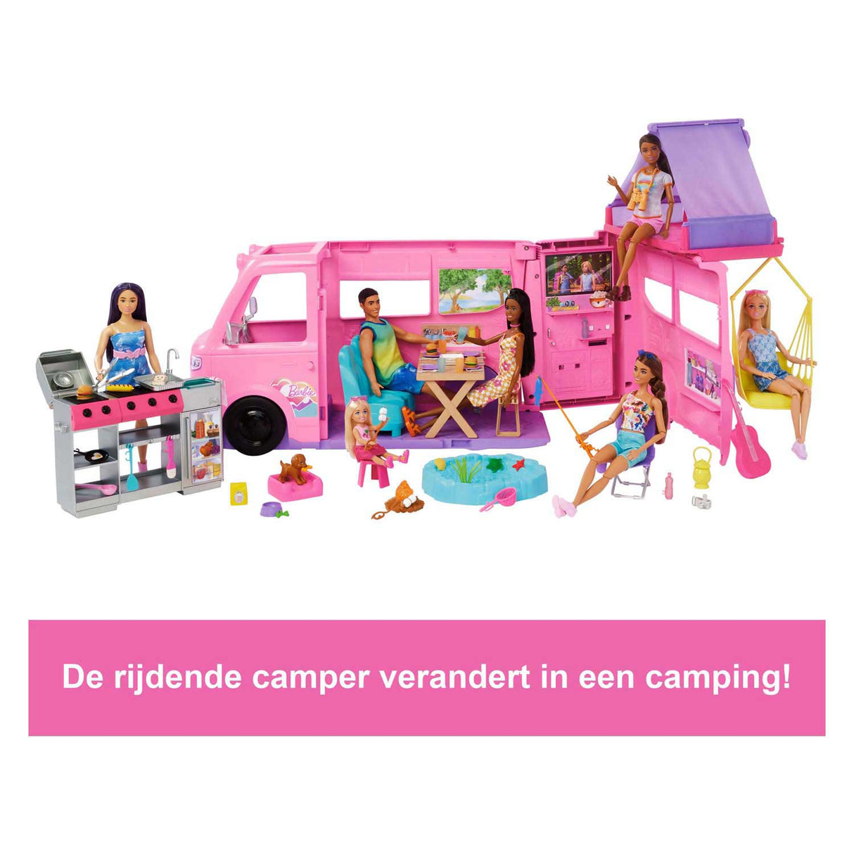Barbie dream camper - coffret de jeu avec tente de toit, barbecue et plus de 60 accessoires