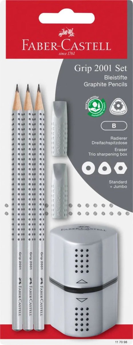 Faber-castell ensemble de crayons graphite faber castell - grip 2001 - dureté hb - comprenant taille-crayon et 2 capuchons de gomme - 3 pièces sur carte blister - fc-117098