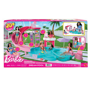 Barbie dream pool - ensemble de jeu avec toboggan et bain à remous et plus de 20 accessoires