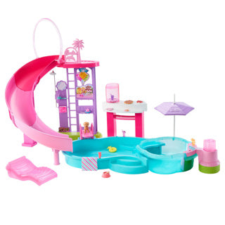 Barbie dream pool - ensemble de jeu avec toboggan et bain à remous et plus de 20 accessoires