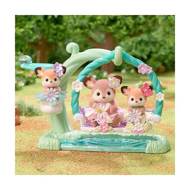 Sylvanian family 5801 bébé cerf - balançoire fleurie - 3 figurines de jeu douces et veloutées