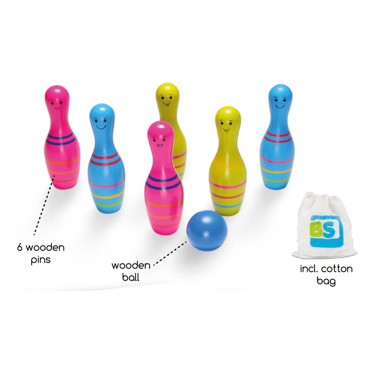 BS toys jeu de quilles en bois skittels junior, 7 pièces.