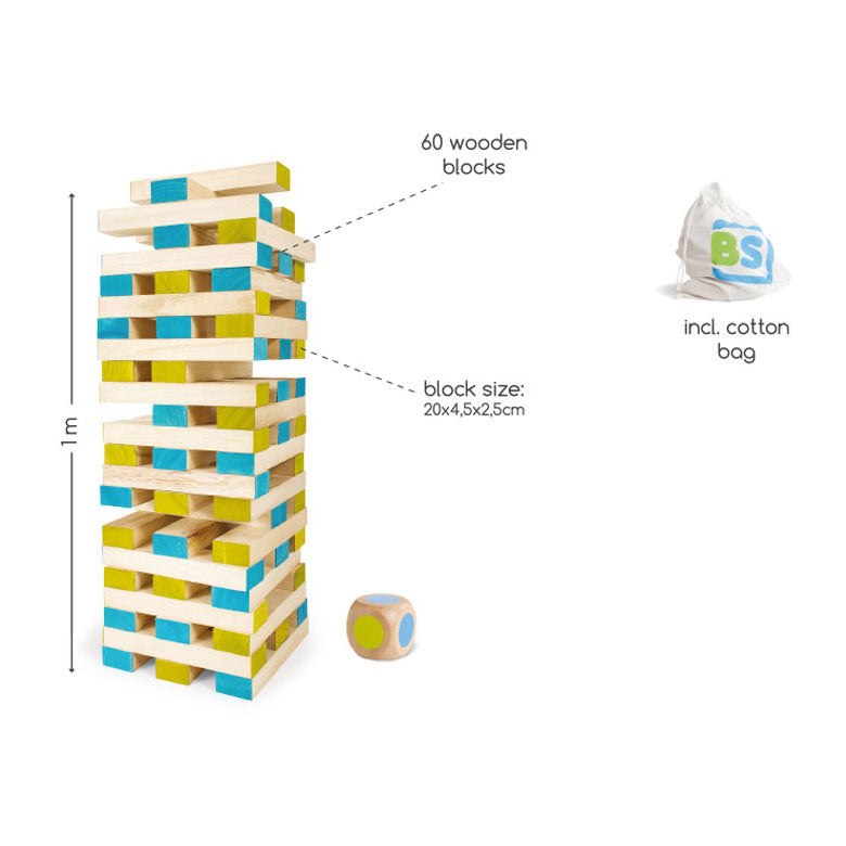 Bs jouets méga jeu de tour bancale en bois, 61 pcs.