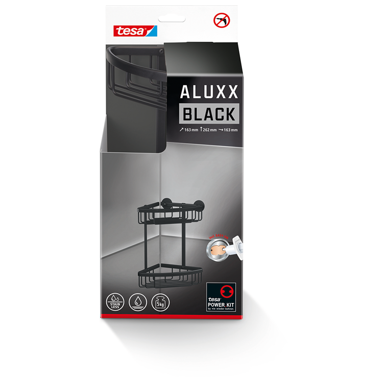 Tesa 1072289 - support de douche d'angle aluxx noir noir, double | 1 pièce