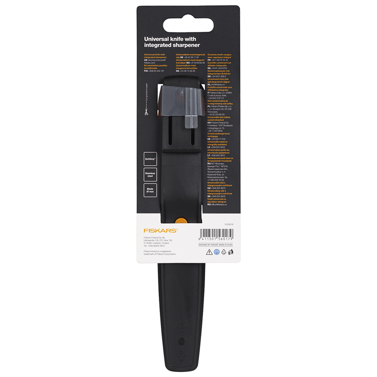 Couteau universel Fiskars avec aiguiseur (orange)