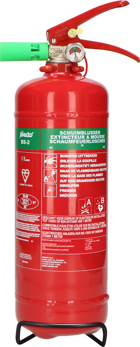 Extincteur Alecto BS-2 - extincteur à mousse 2 litres - classe de feu AB - avec support de suspension