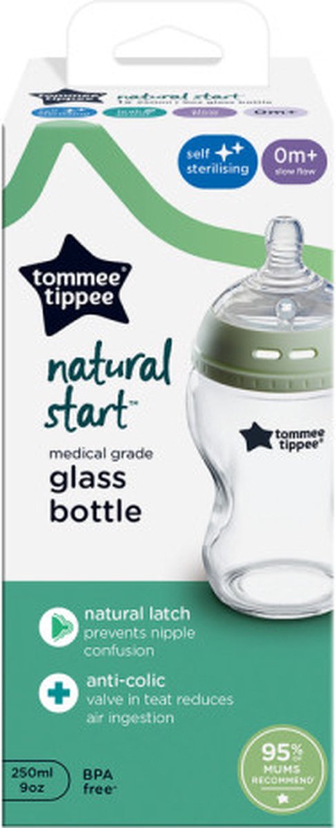 Biberon en verre Tommee tippee natural start - lot de 1 biberon 250 ml - faible débit 0m+