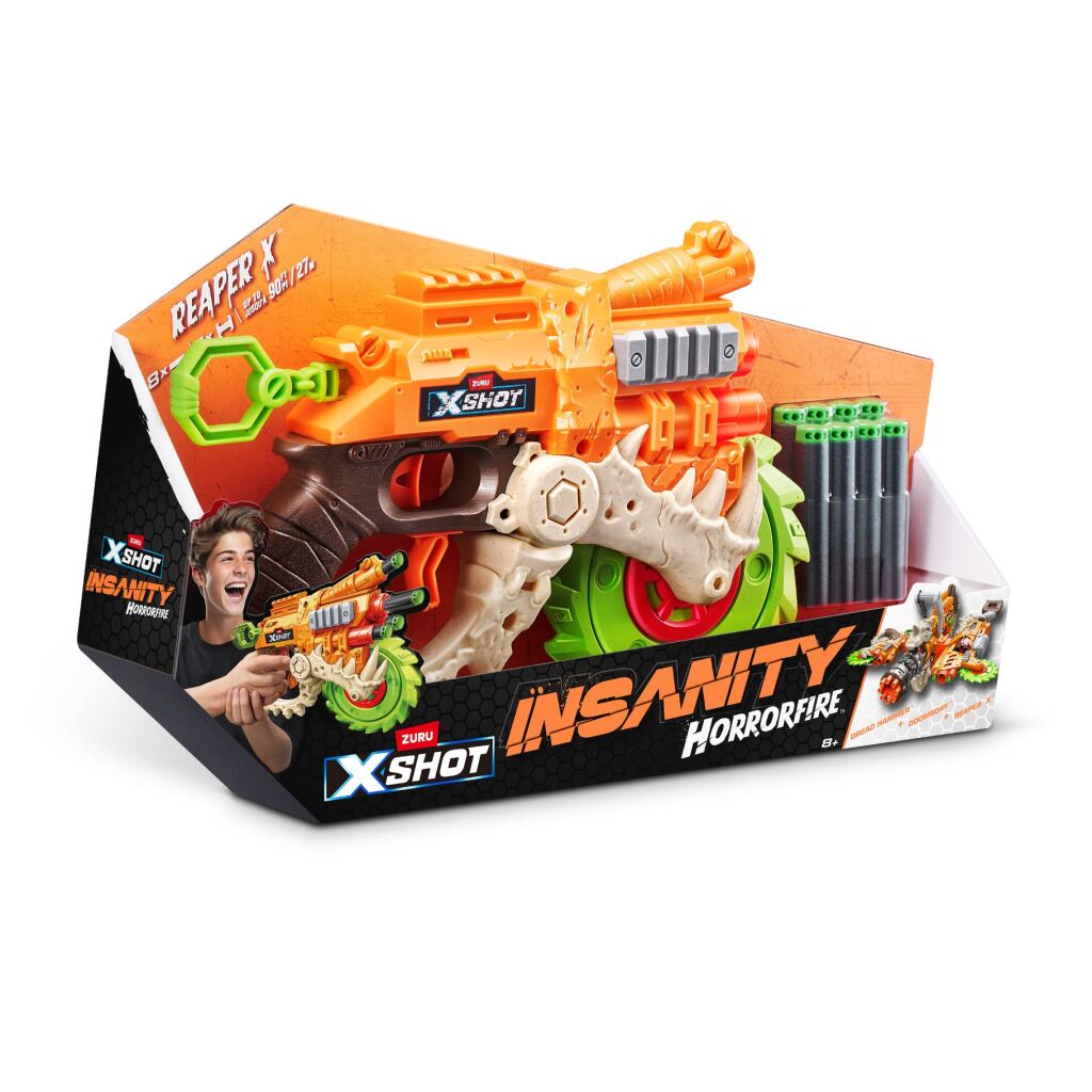 Blaster de faucheuse de feu d'horreur Zuru x-shot + 8 fléchettes