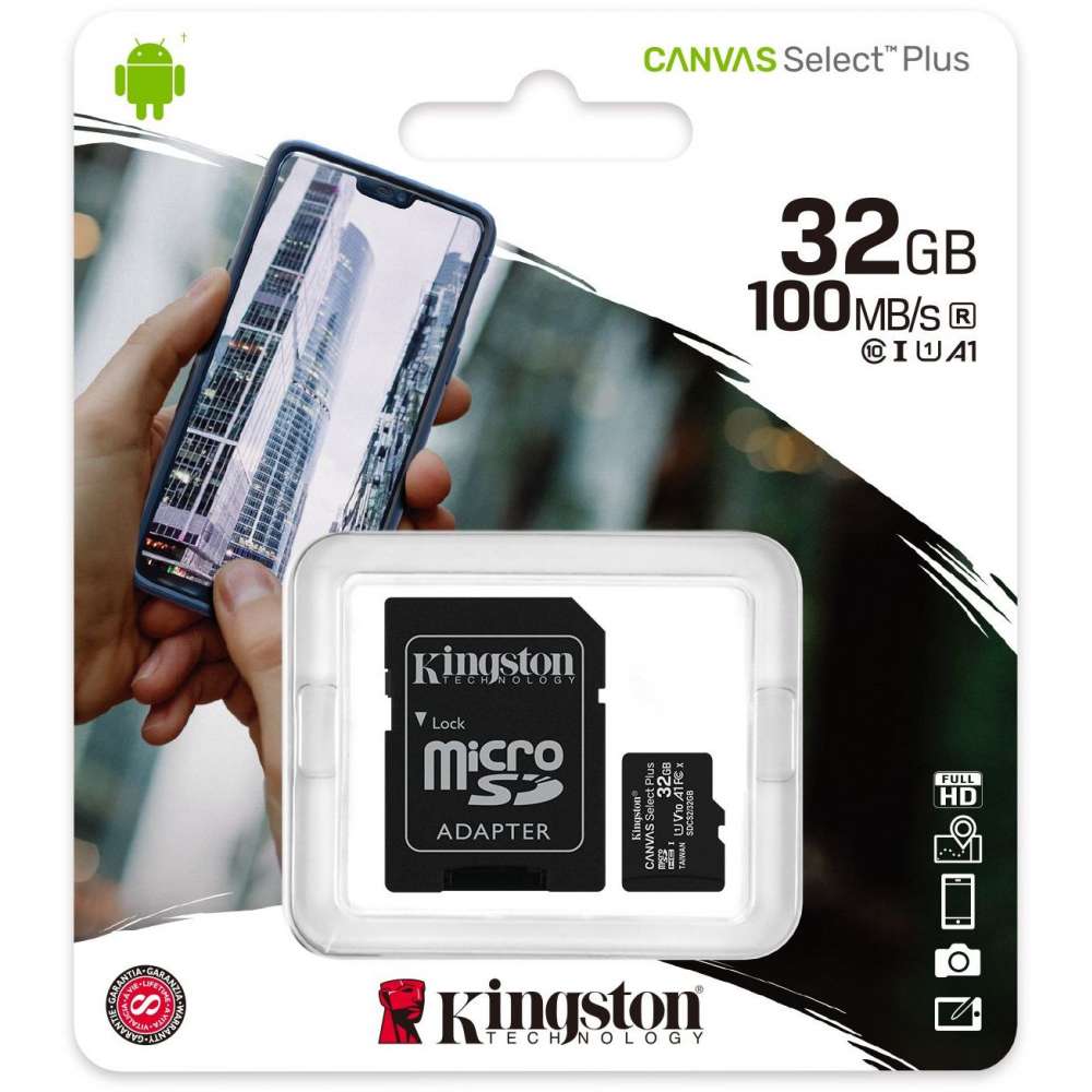 Kingston SDCS2 32 Go Canvas Select Plus, MicroSDHC incl. Adaptateur SD, 32 Go, 100-85 Mo, UHS-I U1
