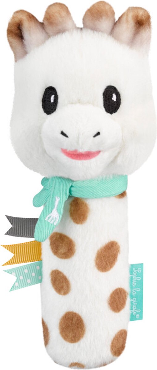 Hochet à presser Sophie la girafe - hochet - jouet bébé - cadeau maternité - cadeau baby shower - à partir de 3 mois - peluche - 16x6x6,5 cm - blanc marron turquoise
