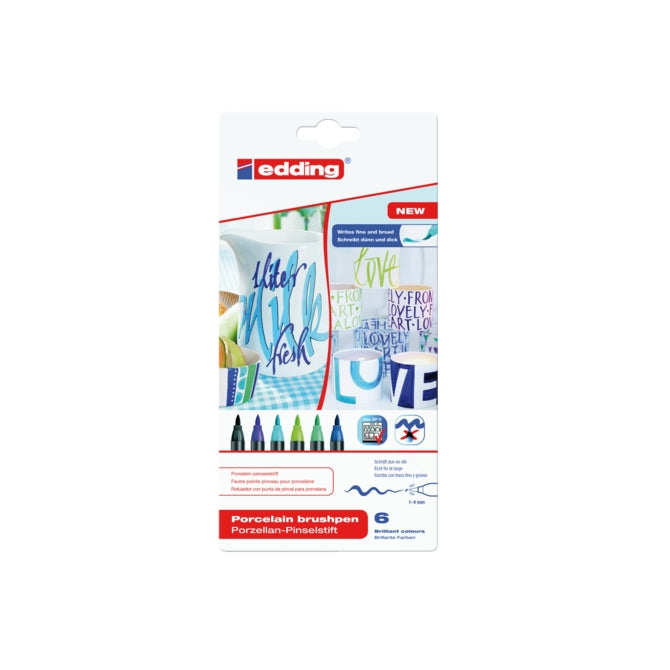 Marqueurs pour porcelaine Edding 4200 - set de couleurs froides - 6 marqueurs - pointe pinceau flexible 1-4 mm - feutre pour peindre et décorer la porcelaine céramique - passe au lave-vaisselle, encre résistante à la lumière, séchage rapide