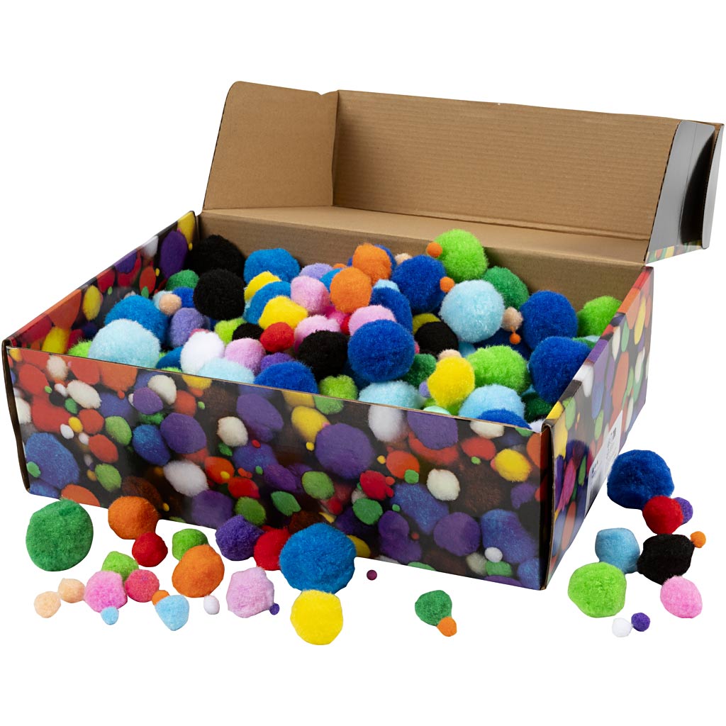 Pompons de l'entreprise Creativ, d 5-40 mm, env. 720 pièces, différentes couleurs, 200 g 1 boîte