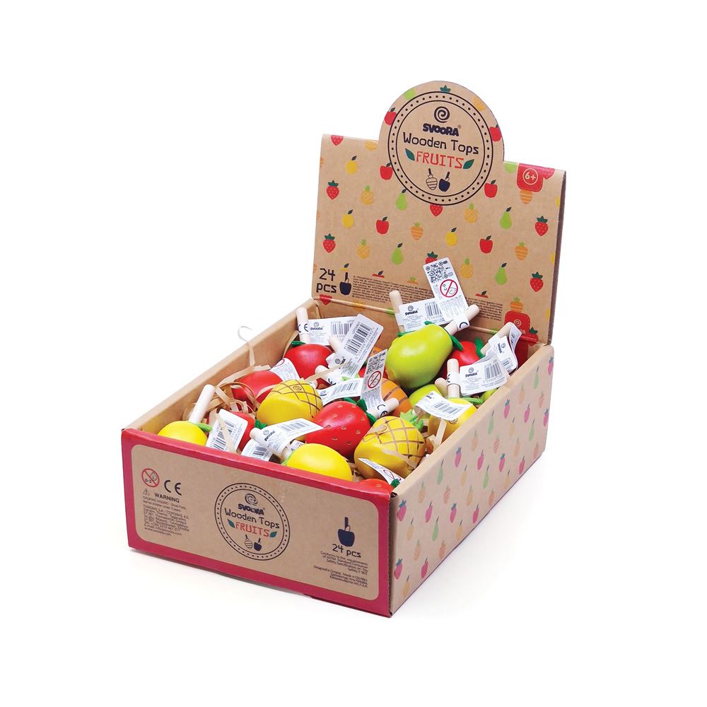Dsp. houten tol fruit. 6 ontwerpen. 24 s